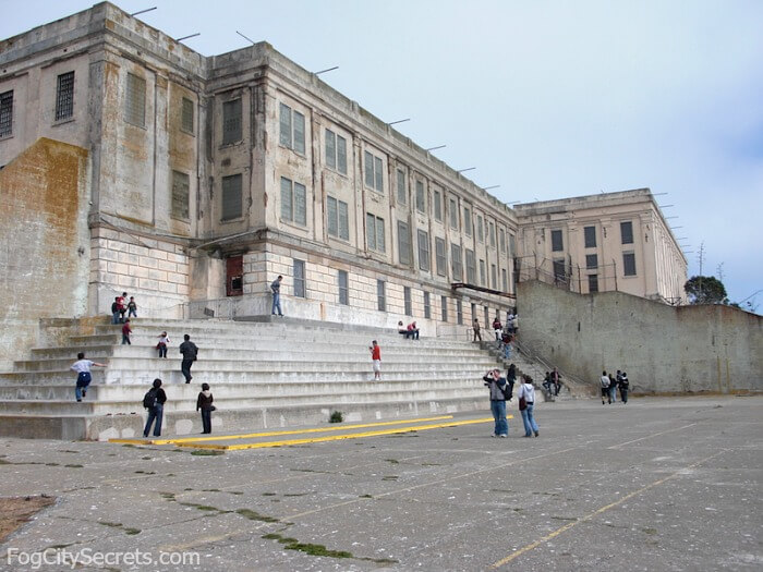 Alcatraz prison tours, prison cellblock and exercise yard.