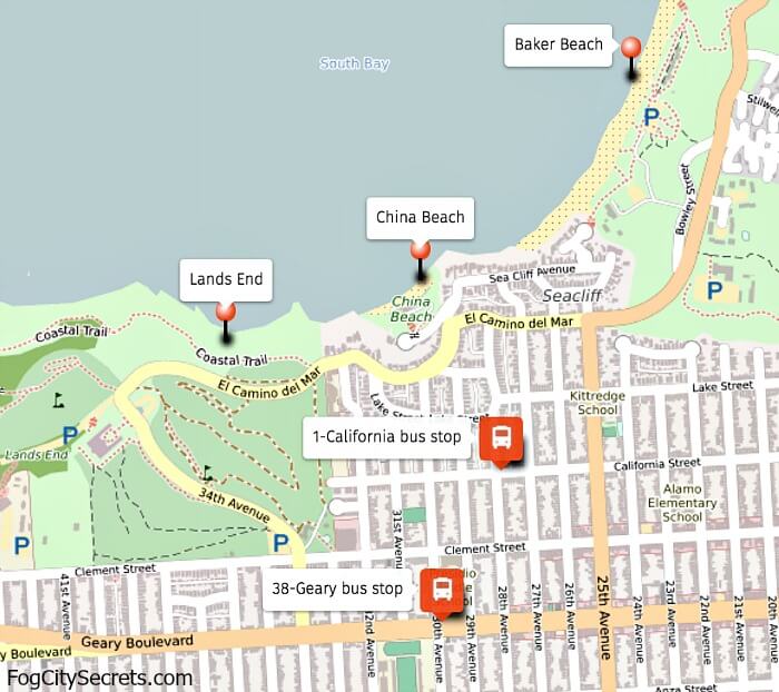 Map of area around China Beach and bus stops, San Francisco