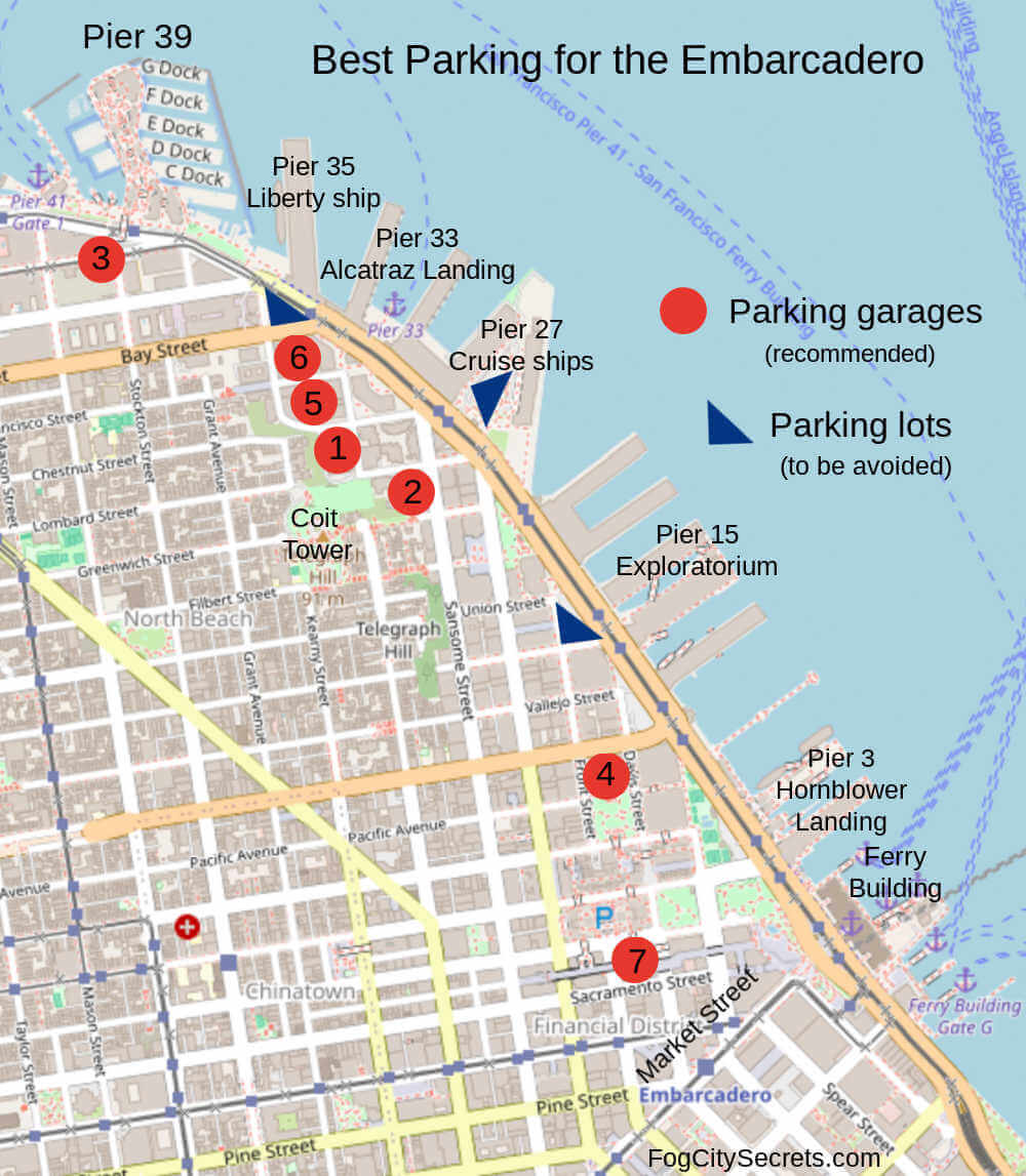 Map of recommended parking garages SF Embarcadero