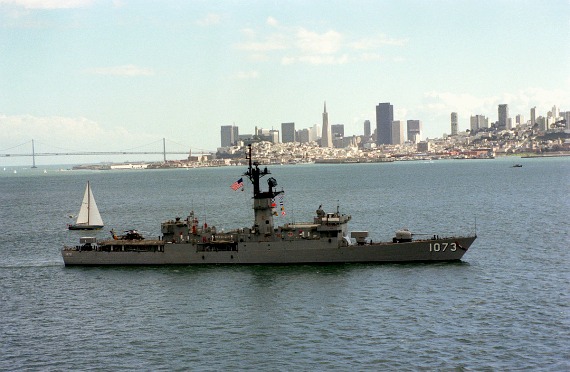 Parade of Ships, with a destroyer sailing past the San Francisco skyline in 1981