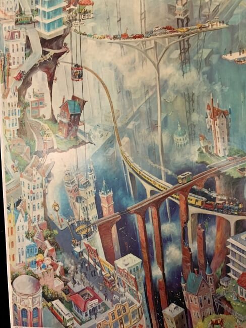 Poster uit 1960 met surrealistisch beeld van San Francisco door Albert Tolf's poster with surrealistic view of San Francisco by Albert Tolf